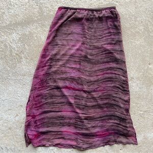 Y2K abstract print pull on maxi skirt with side slits and brown lining sz Small